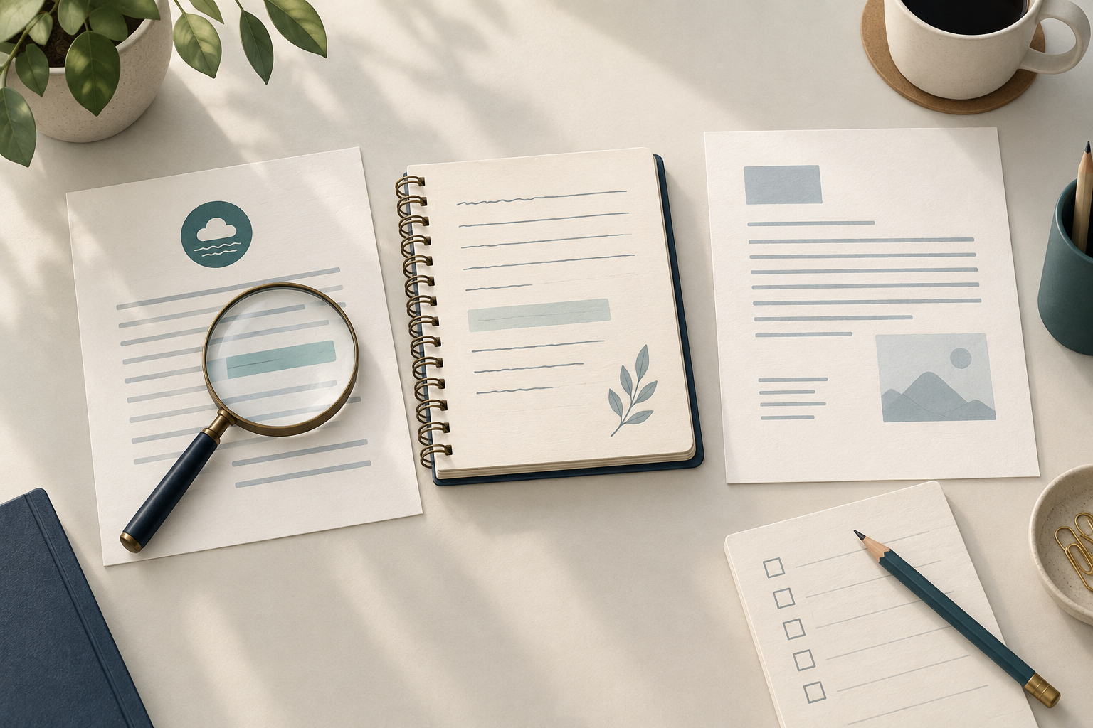 Separate source document, notebook and delivery page beside a magnifier and an unchecked review card.